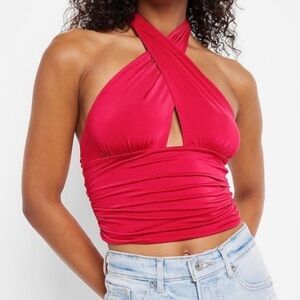 Hot Pink size XL Body Contour Silky Ruched Halter Multi-Way Cropped Tank new